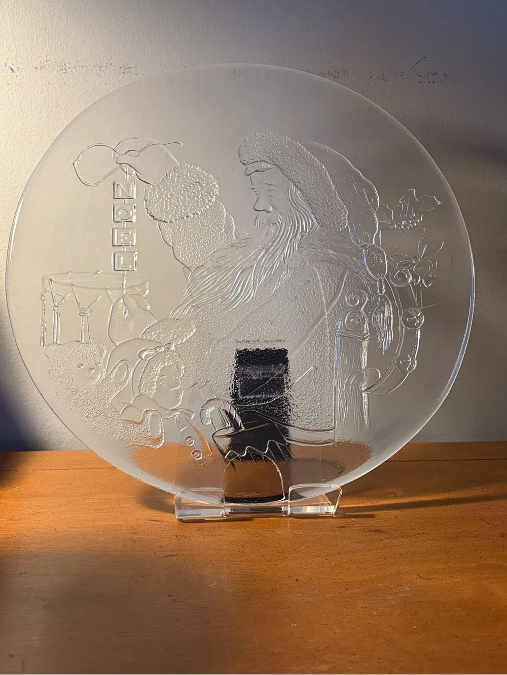 Vintage Libbey Clear Glass Embossed Santa Christmas Cookie Plate 13”
